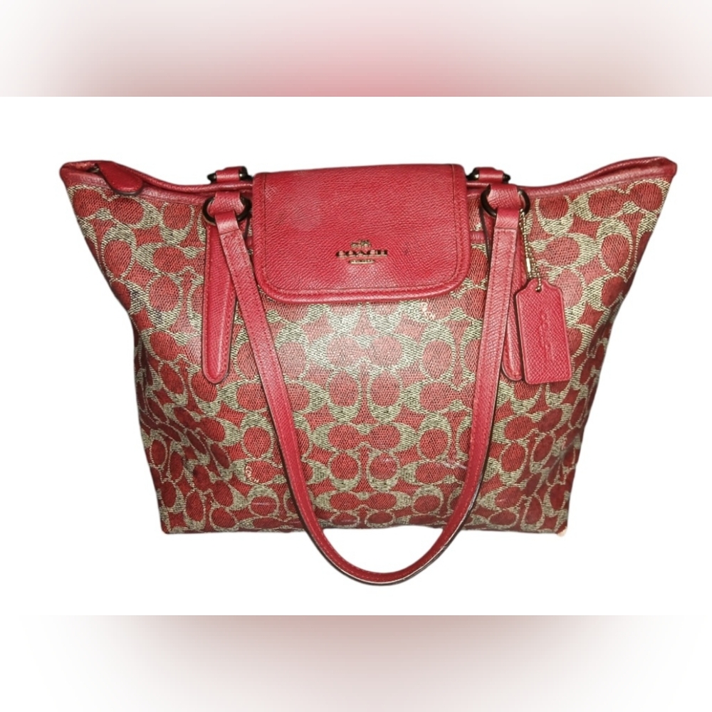 Coach red/grey signature print purse
